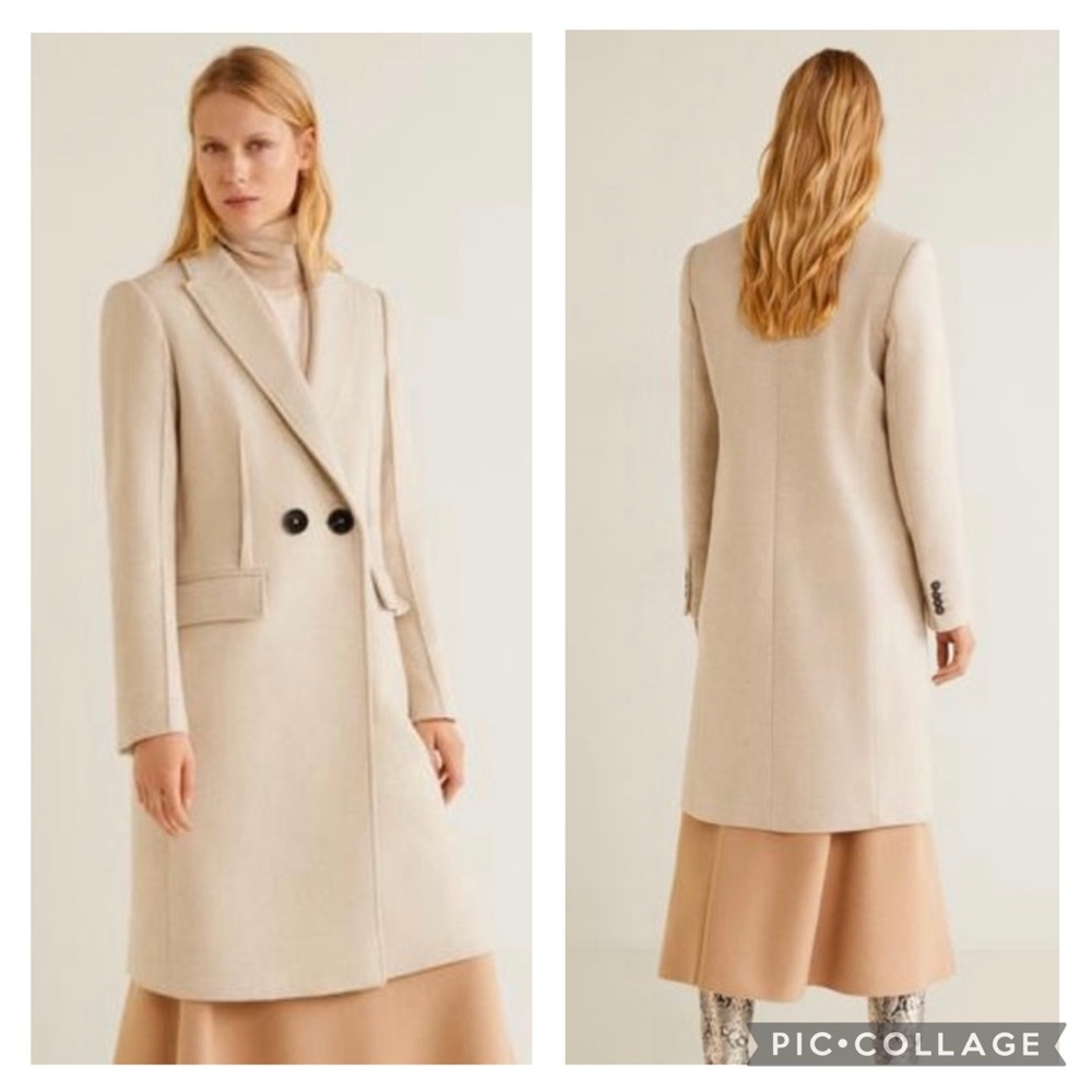 MANGO Neutral Beige Long Wool Coat Contrast Buttons Wool Trench Pea Coat Sz XS